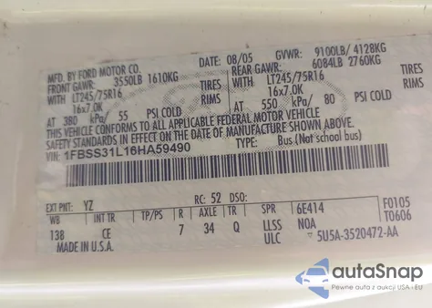 2006 Ford E-350 Super Duty Xl/Xlt из США, поврежденный, VIN 1FBSS31L16HA59490